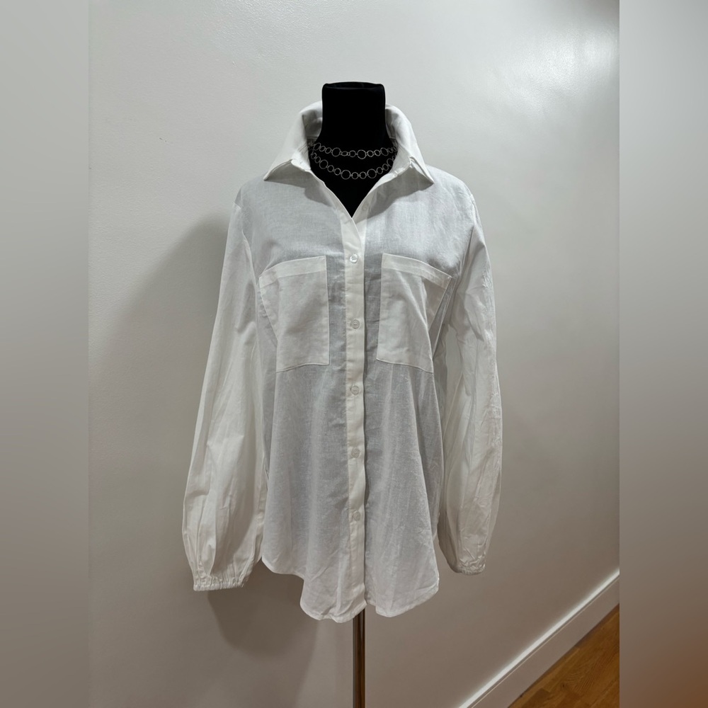 455. Commense Cotton Linen Blend White Button-Down Shirt